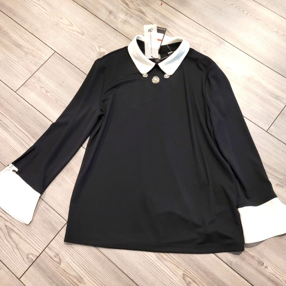 Karl Lagerfeld Womens Pearl Trim Blouse XS Black Liquid Knit Bowtie Collar New - Picture 1 of 5
